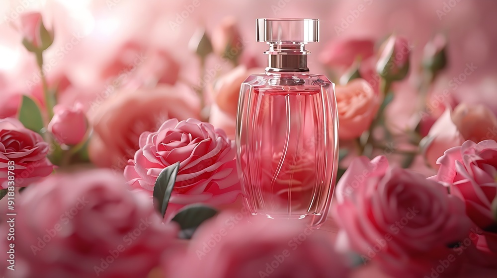 Front view of a transparent perfume bottle with a luxurious design surrounded by fresh roses on a pink background Mockups for advertising : Generative AI Front view of a transparent perfume bottle with a luxurious design surrounded by fresh roses on a pink background Mockups for advertising : Generative AI