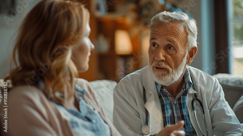 Mature wife and husband talk to therapist during housecall visit at home Professional medical worker share good optimistic health news to old couple explain treatment plan Medicine ins : Generative AI photo