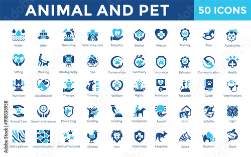 Animal and Pet icon set with food, water, litter ,grooming ,veterinary care, adoption, shelter, rescue, training, toys, accessories icon. Simple flat vector 
