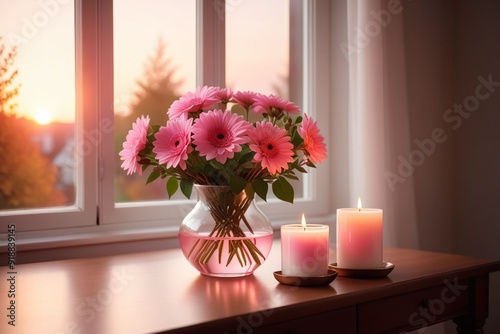 A vase of pink flowers and a scented candle on a table beside a window, horizontal composition