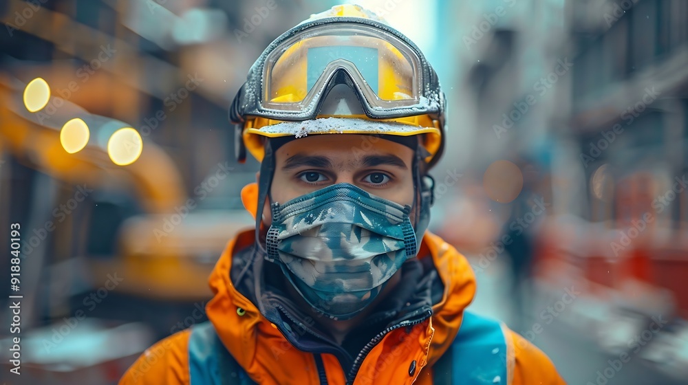 Builder in personal protective equipment Panoramic banner with copy space : Generative AI