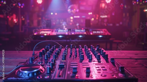 Empty DJ mixing panel at funky club spotlights and disco ball at the bar used for dancing and clubbing Dance floor at discotheque with audio equipment station used for partying nightli : Generative AI photo