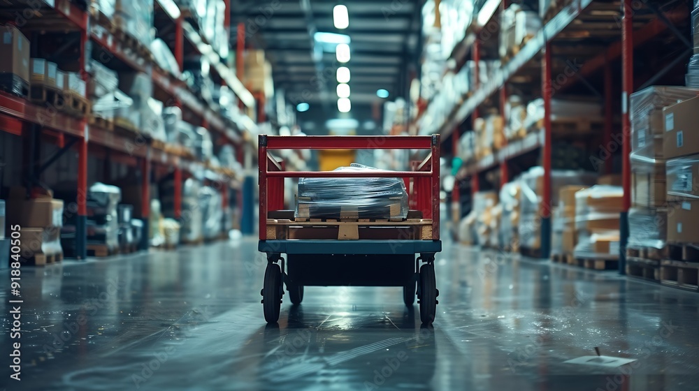 Empty platform hand truck standing in warehouse of construction hypermarket or garden store ready to transport goods : Generative AI Empty platform hand truck standing in warehouse of construction hypermarket or garden store ready to transport goods : Generative AI
