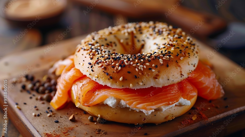 Gourmet Fusion Exquisite 4K CloseUp of Bagel with Cream Cheese and Smoked Salmon on a Culinary Delight Background : Generative AI Gourmet Fusion Exquisite 4K CloseUp of Bagel with Cream Cheese and Smoked Salmon on a Culinary Delight Background : Generative AI