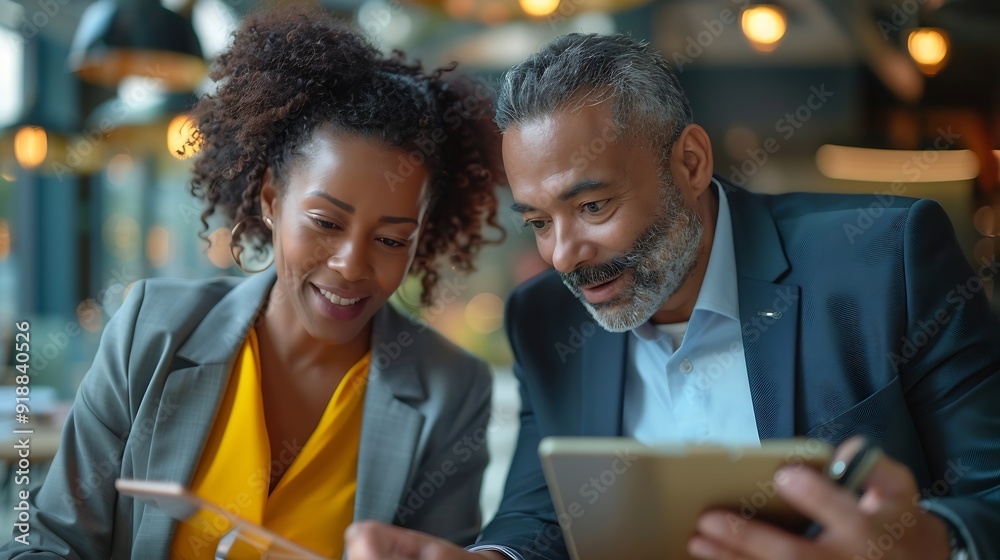 Mature businessman discussing work with black manager Confident business man working with african american woman showing data on digital tablet Smiling professional business people wor : Generative AI Mature businessman discussing work with black manager Confident business man working with african american woman showing data on digital tablet Smiling professional business people wor : Generative AI