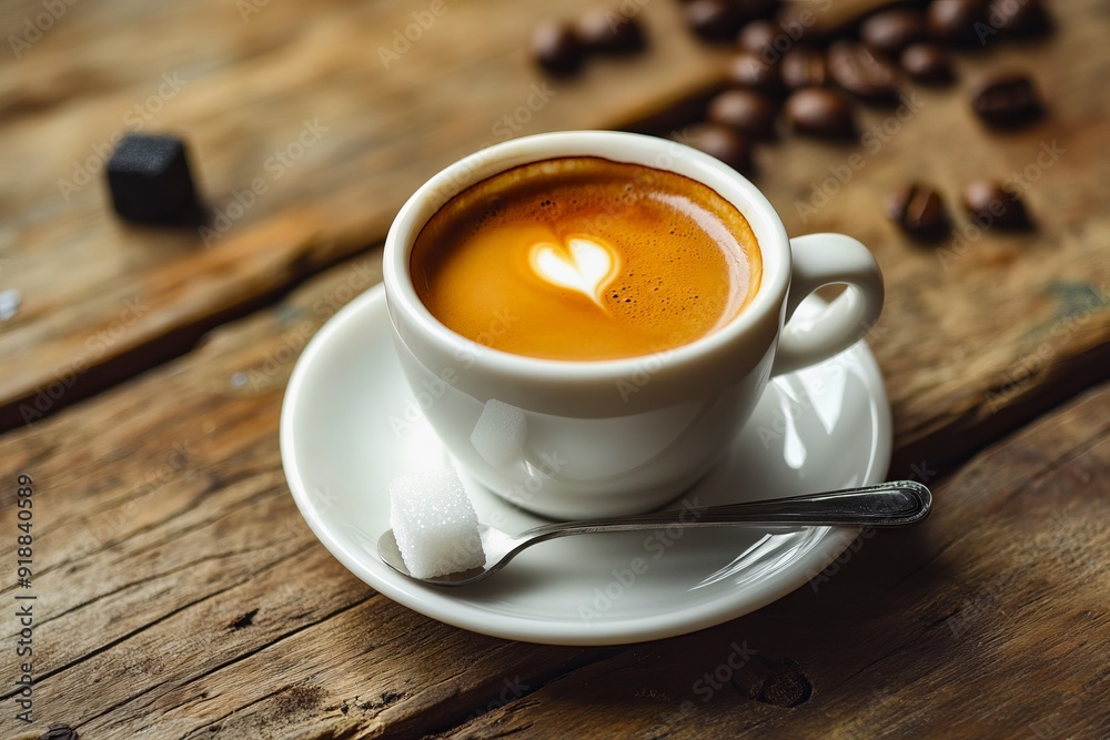 Fototapeta premium A cup of coffee with a heart in the foam on a saucer