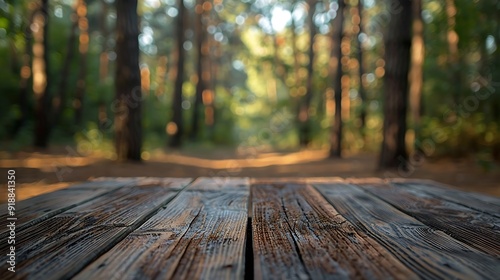 Wooden board empty table in front of blurred background Perspective brown wood over blur trees in forest can be used mock up for display or montage your products : Generative AI