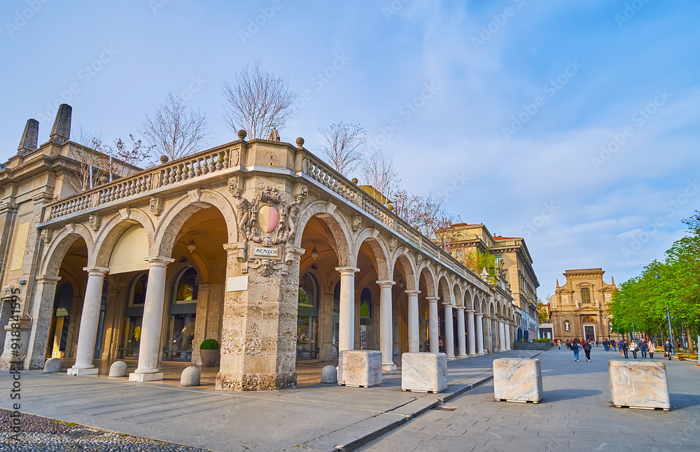 The arcade of Piacentiniano Centre on Piazza Vittorio Veneto, Bergamo, Italy The arcade of Piacentiniano Centre on Piazza Vittorio Veneto, Bergamo, Italy