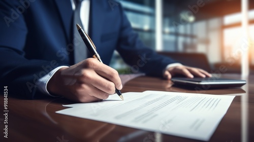 Businessman hands writing signing in documentation files on office desk. Manager legal contract