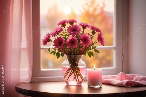 A vase of pink flowers and a scented candle on a table beside a window, horizontal composition