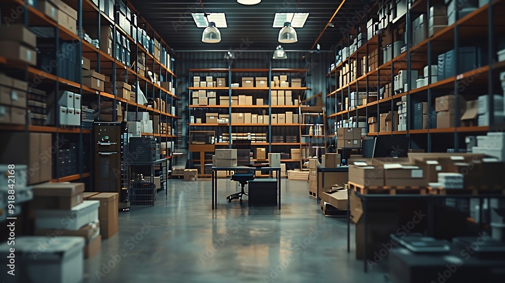 Empty storage room with office desk and shelves warehouse filled with boxes of retail products Order management and quality control space for stock merchandise small business : Generative AI Empty storage room with office desk and shelves warehouse filled with boxes of retail products Order management and quality control space for stock merchandise small business : Generative AI
