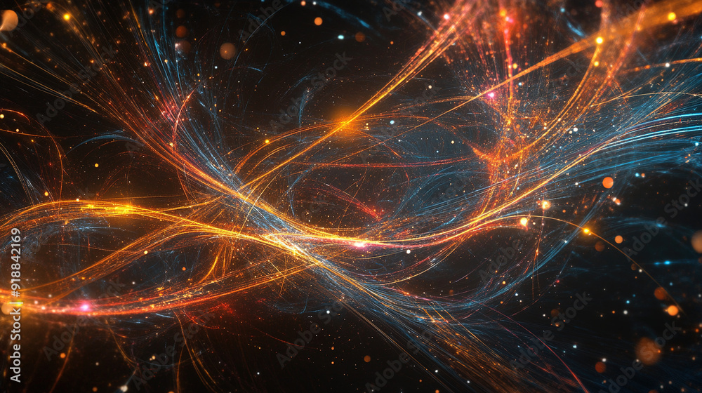 A vibrant and dynamic abstract image featuring interwoven strands of light in various colors, predominantly warm oranges, reds, and cool blues. The light strands create fluid, swirling patterns agains A vibrant and dynamic abstract image featuring interwoven strands of light in various colors, predominantly warm oranges, reds, and cool blues. The light strands create fluid, swirling patterns agains