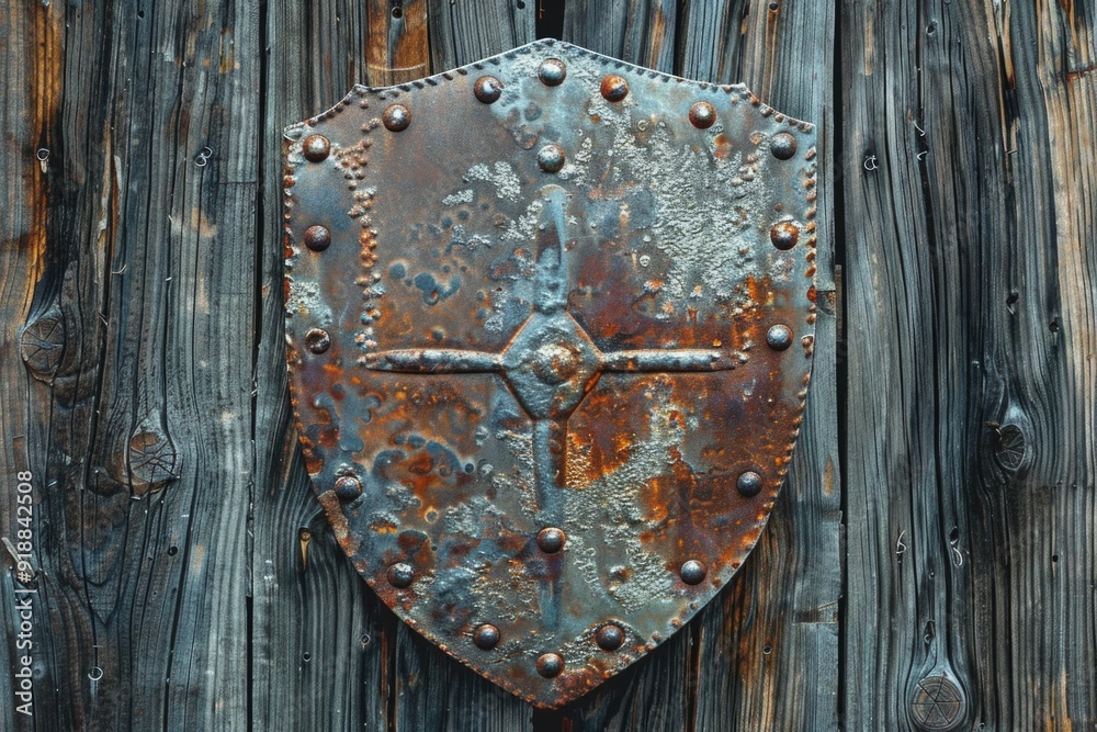 Fototapeta premium A metal shield hung on a wooden wall with intricate carvings and patterns