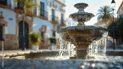 Water fountain and the town hall in the plaza de espaa in Vejer de la Frontera Cadiz Andalusia : Generative AI photo