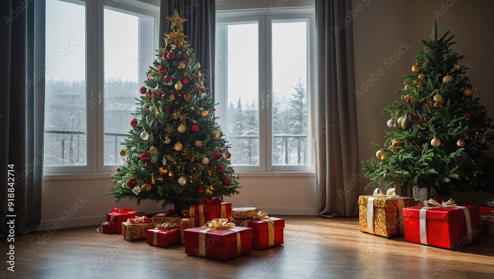Christmas tree and gift boxes near the window Christmas tree and gift boxes near the window