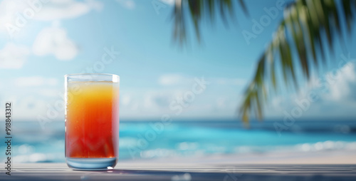 A glass of fruit cocktail sits on a table overlooking the ocean, with a palm tree in the background