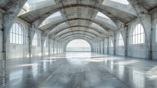 Huge empty industrial warehouse building White interior Hemispherical reinforced concrete load bearing roof with windows Unique architecture : Generative AI photo