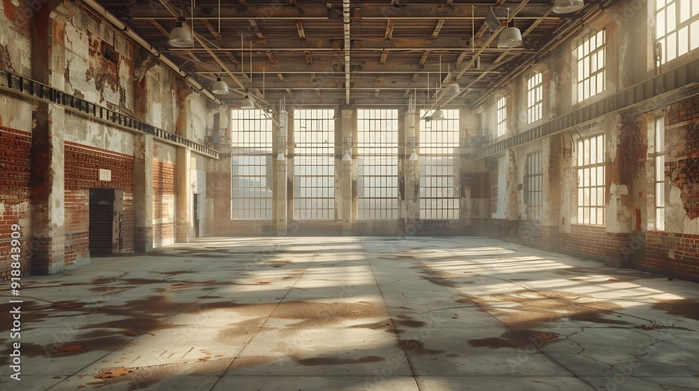 Interior view of an old rundown and abandoned factory building Big empty room with brick walls exposed beams and florescent light fixtures hanging form the ceiling : Generative AI Interior view of an old rundown and abandoned factory building Big empty room with brick walls exposed beams and florescent light fixtures hanging form the ceiling : Generative AI