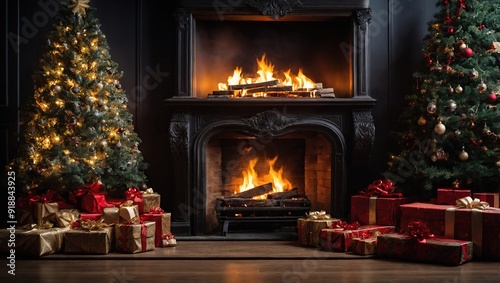 Christmas tree and holidays present on fireplace background