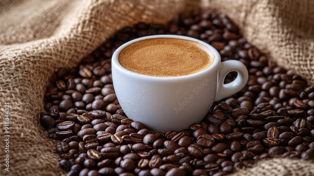 A warm cup of coffee surrounded by coffee beans, with ample space for branding A warm cup of coffee surrounded by coffee beans, with ample space for branding