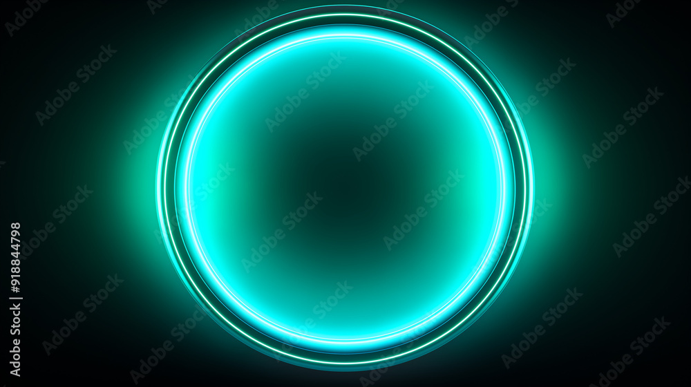 Fototapeta premium A glowing circular shape radiates a neon blue light against a dark backdrop, creating a striking visual effect, copy space