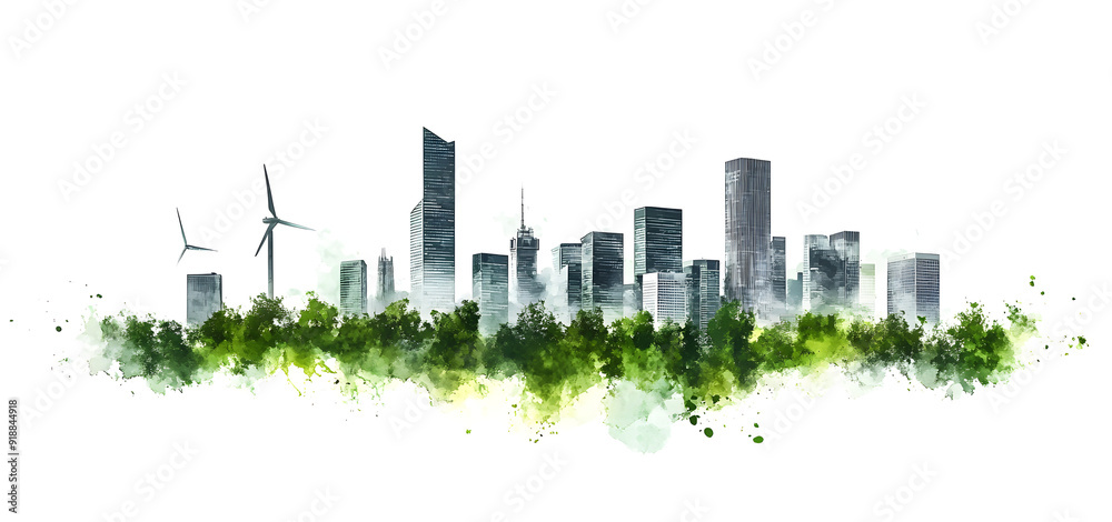 A Green City Skyline with Wind Turbines and Trees Illuminated by the Sun A Green City Skyline with Wind Turbines and Trees Illuminated by the Sun