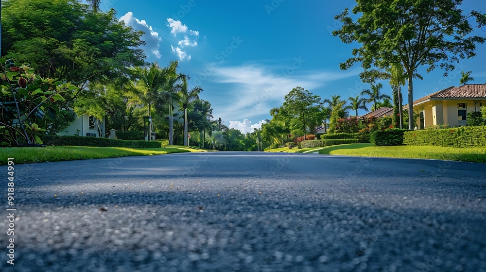 Empty street at the nice and comfortable garden background with nice blue sky : Generative AI Empty street at the nice and comfortable garden background with nice blue sky : Generative AI
