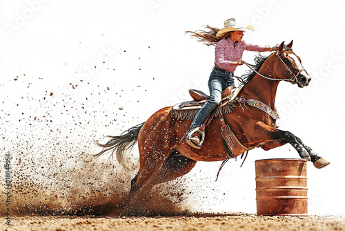 Barrel racing at a country rodeo, isolated on white background
