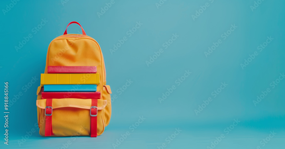 A bright yellow backpack sits on a turquoise background, filled with a stack of colorful books A bright yellow backpack sits on a turquoise background, filled with a stack of colorful books