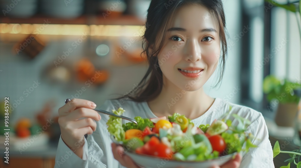 eat healthy smiling Asian pretty female eating salad with fruits and vegetables in kitchen : Generative AI eat healthy smiling Asian pretty female eating salad with fruits and vegetables in kitchen : Generative AI