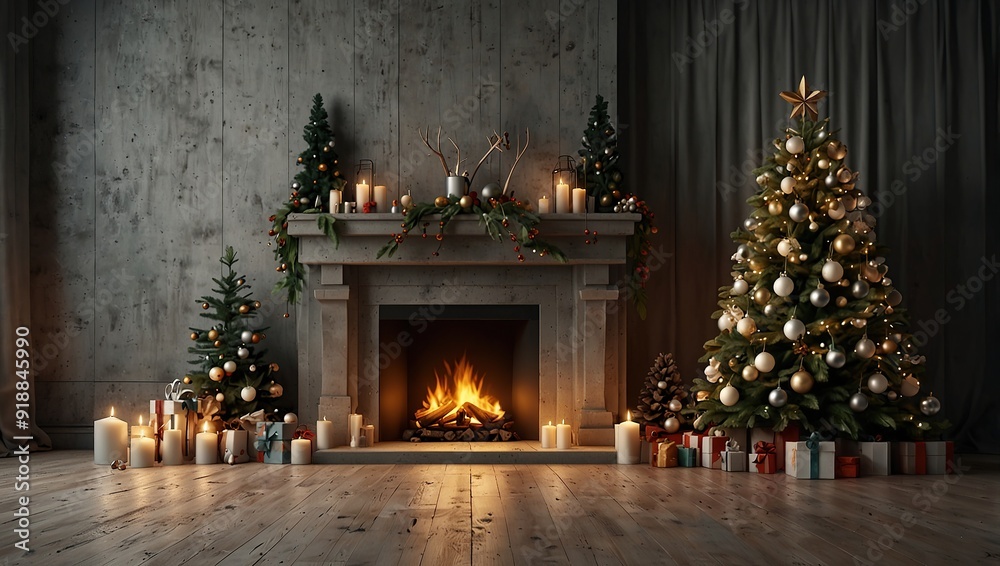 Fototapeta premium Christmas Winter Decoration Interior Background, 3d Rendering