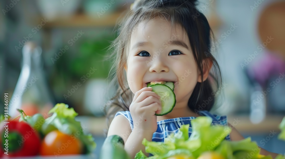 cute asian little child girl eating slice a cucumber with different vegetables in the kitchen : Generative AI