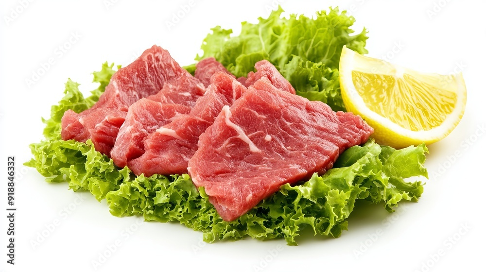 A slice of tender beef is elegantly laid over a bed of crisp green lettuce, creating a visually appealing and appetizing presentation. A slice of tender beef is elegantly laid over a bed of crisp green lettuce, creating a visually appealing and appetizing presentation.