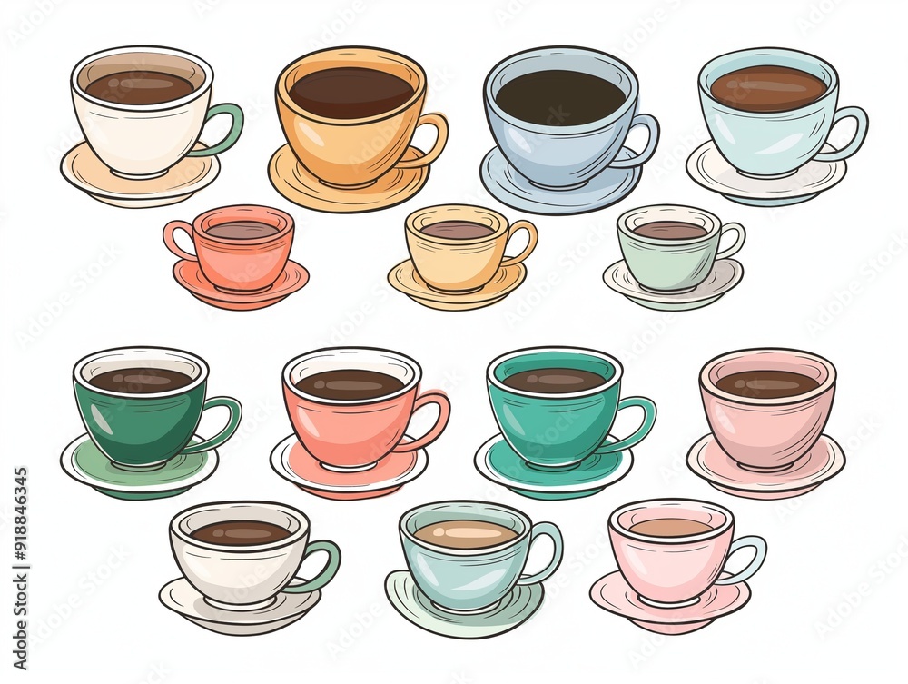 Set of various cup of coffee simple illustration. AI generated Set of various cup of coffee simple illustration. AI generated