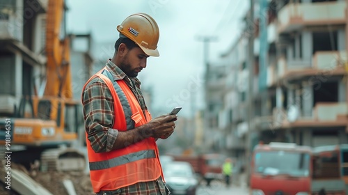 Male with modern gadget working at construction site : Generative AI