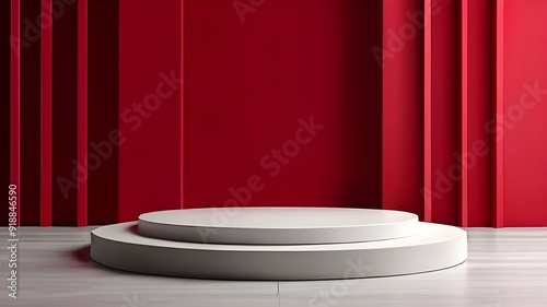 Pedestal of platform display with modern stand podium on red room background. Blank Exhibition stage backdrop or empty product shelf. 3D rendering.
