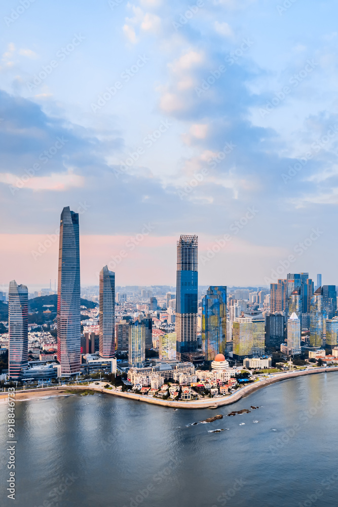 Fototapeta premium Aerial Scenery of the Coastal Architecture Complex in Fushan Bay, Qingdao, Shandong Province, China