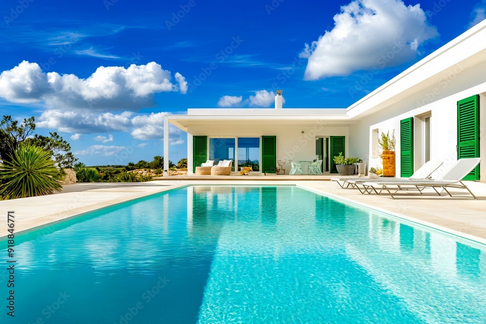 A large swimming pool in front of a white house with green shutters A large swimming pool in front of a white house with green shutters