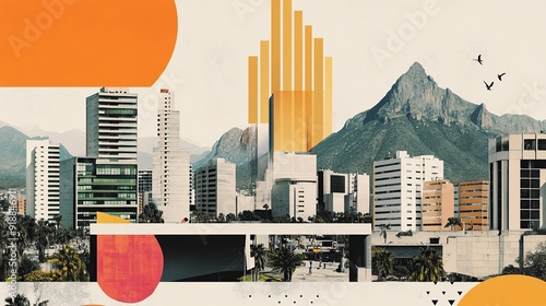 Collage of a city with mountains, sun, birds, and geometric shapes.