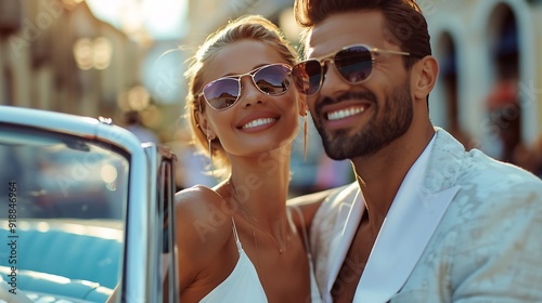 Stylish couple near luxury convertible car outdoors : Generative AI