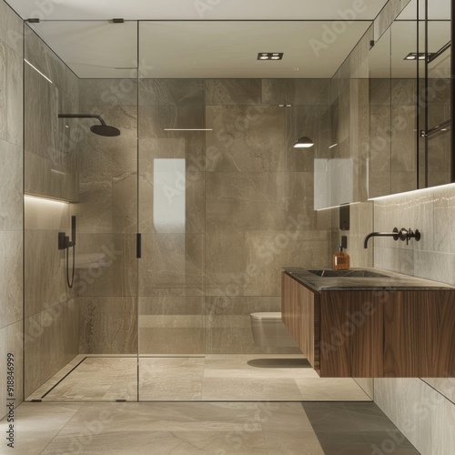 Modern bathroom with walk-in shower, sleek vanity and large tiles. photo