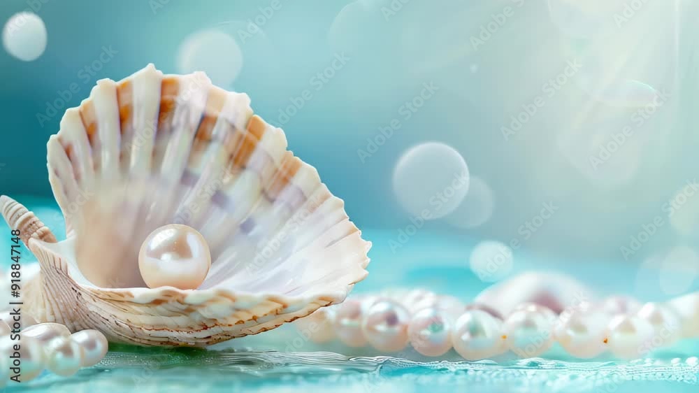 A delicate seashell with pearls on a blue background.