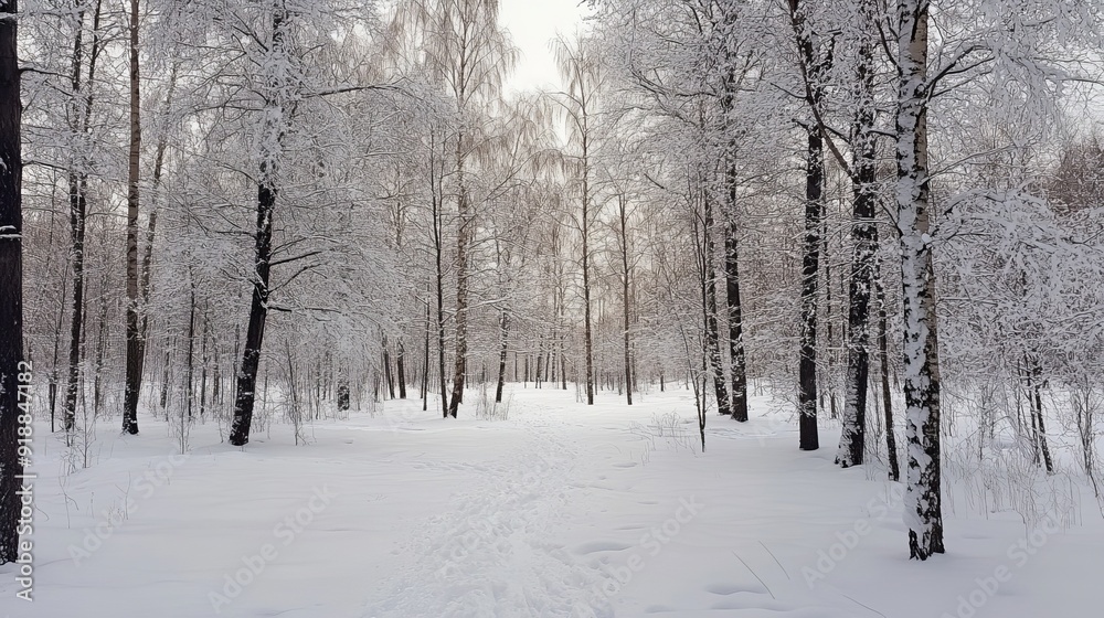 An empty winter park blanketed in snow creates a serene, tranquil scene. The trees, laden with snow, stand silently against a soft, white backdrop. An empty winter park blanketed in snow creates a serene, tranquil scene. The trees, laden with snow, stand silently against a soft, white backdrop.