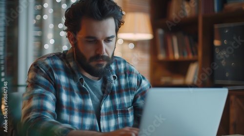 one man adult caucasian male with beard work on his laptop computer at home solve problem freelance entrepreneur or remote work concept : Generative AI