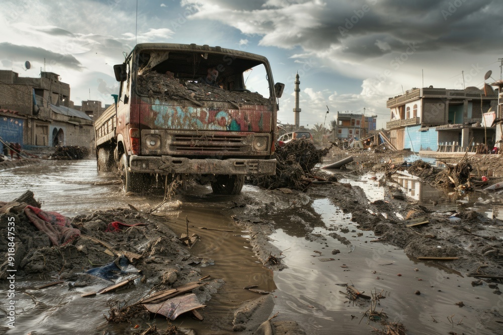 A dirty truck drives through a muddy street, with mud splashing everywhere A dirty truck drives through a muddy street, with mud splashing everywhere