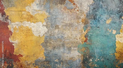 A grunge color abstract wall features a textured and weathered appearance, with layers of muted and distressed colors blending together.