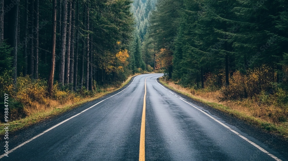 A winding highway meanders through a dense forest, surrounded by lush trees and greenery.