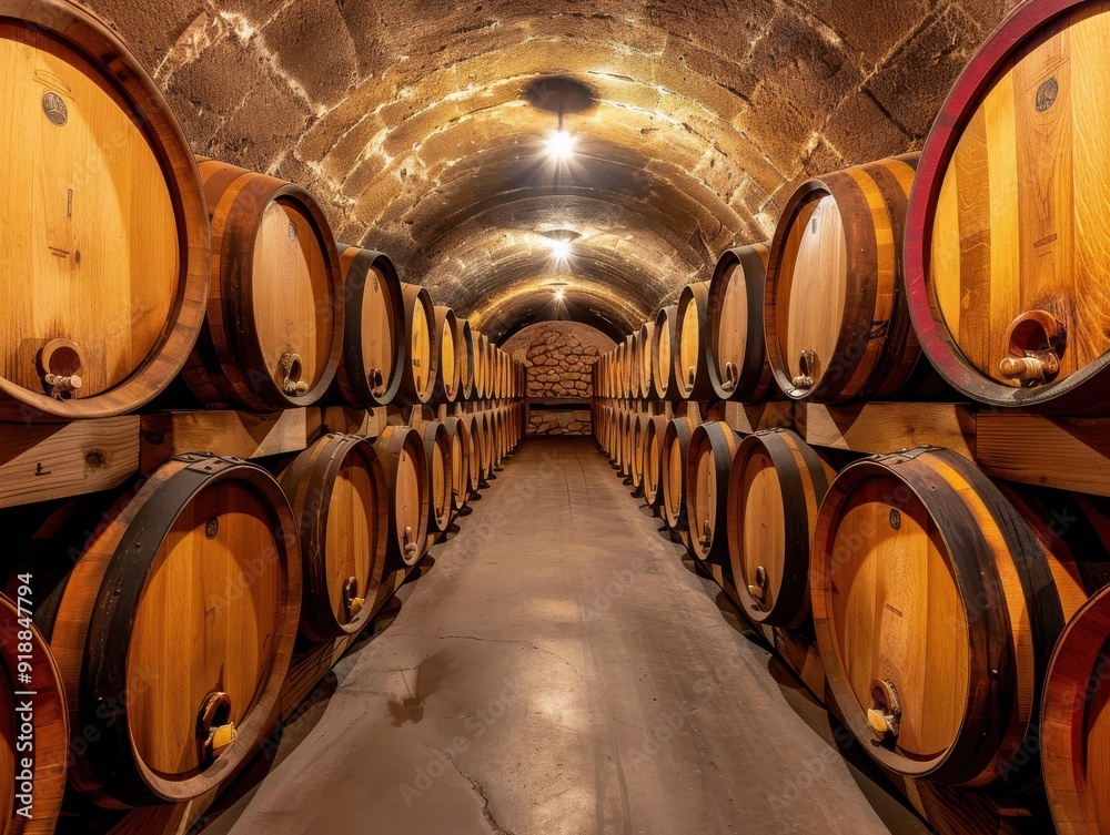A long row of barrels filled with wine A long row of barrels filled with wine