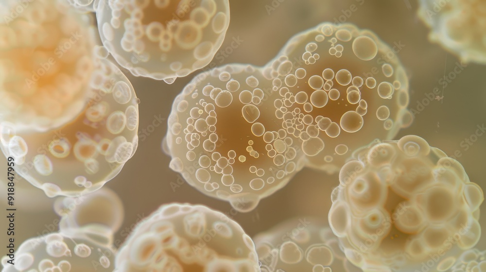 A close up of a cell with many small bubbles surrounding it