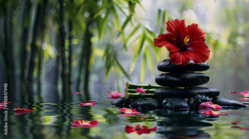  black stone and hibiscus with bamboo on the water